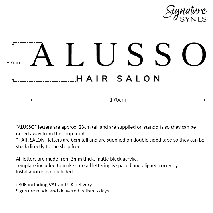 Custom Order - ALUSSO HAIR SALON - "BRUSHED GOLD" and matte black - SIGN PACKAGE