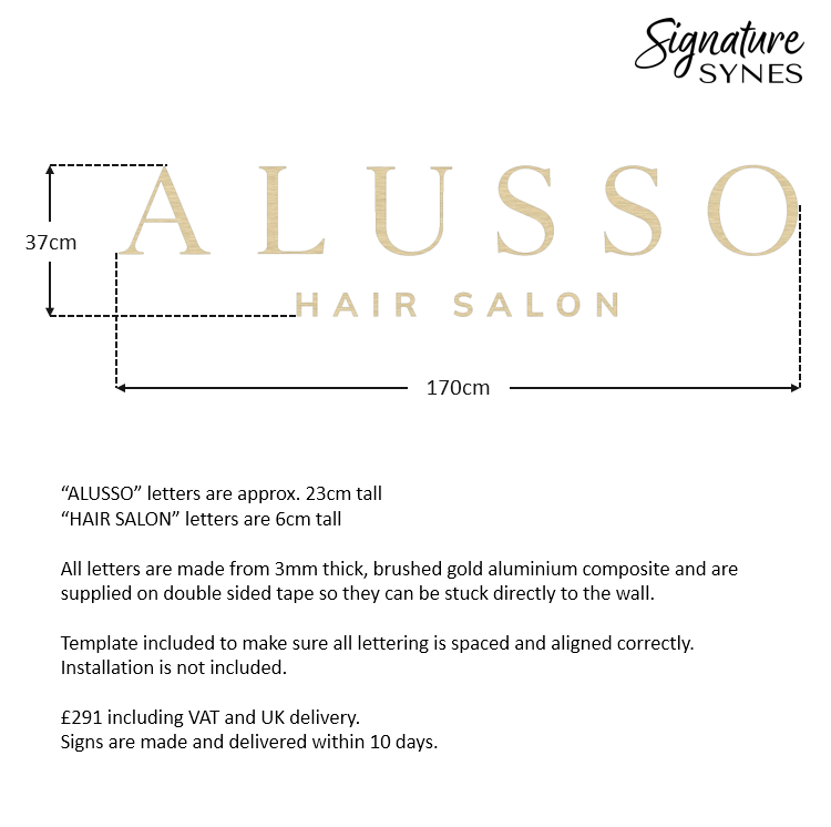 Custom Order - ALUSSO HAIR SALON - "BRUSHED GOLD" and matte black - SIGN PACKAGE