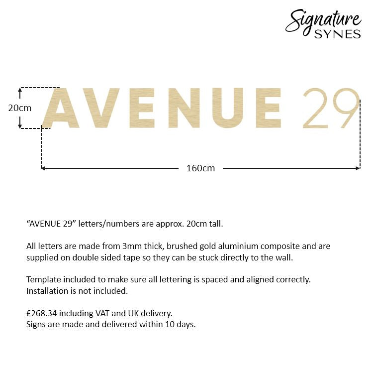 Custom Order - AVENUE 29 - 160cm wide - brushed gold - self adhesive lettering