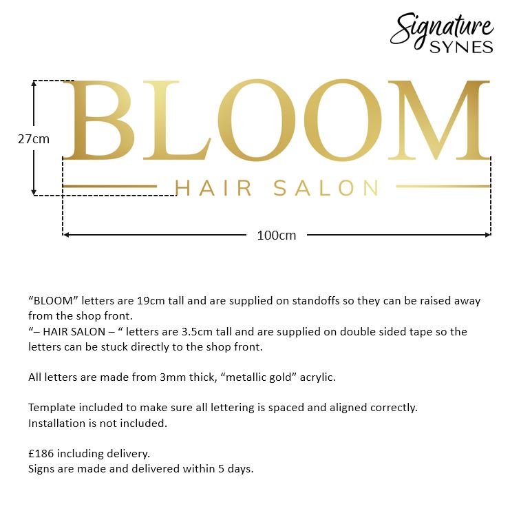 Custom Order - BLOOM HAIR SALON - "METALLIC GOLD" - SIGN PACKAGE