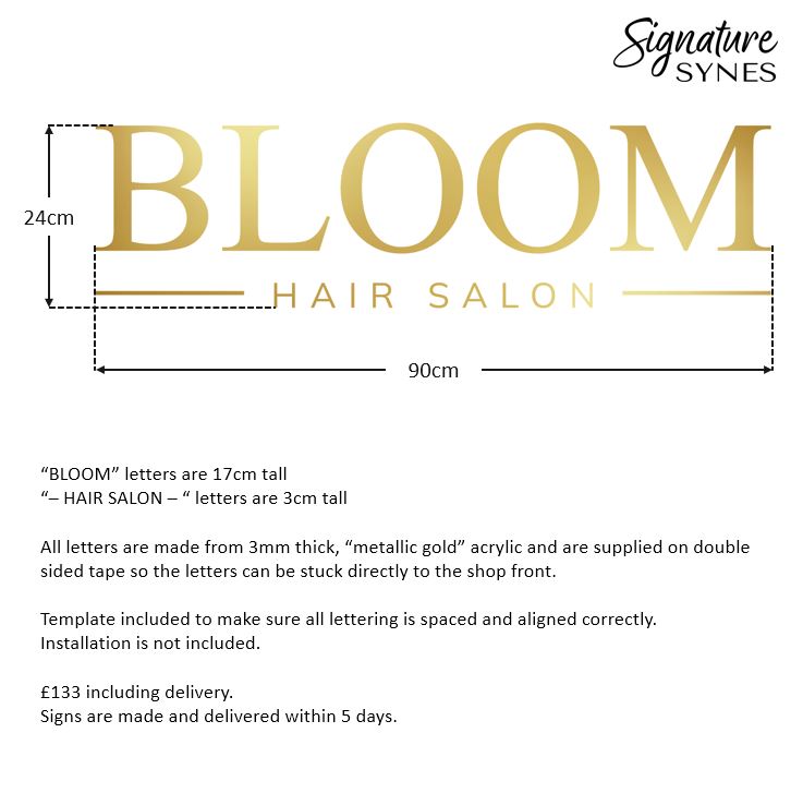 Custom Order - BLOOM HAIR SALON - "METALLIC GOLD" - SIGN PACKAGE