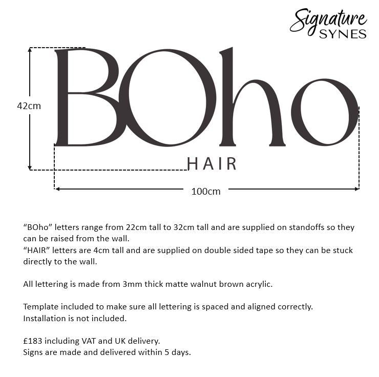INTL Custom Order - BOho HAIR - matte walnut brown - 100cm wide - Raised Letters + Double Sided Tape