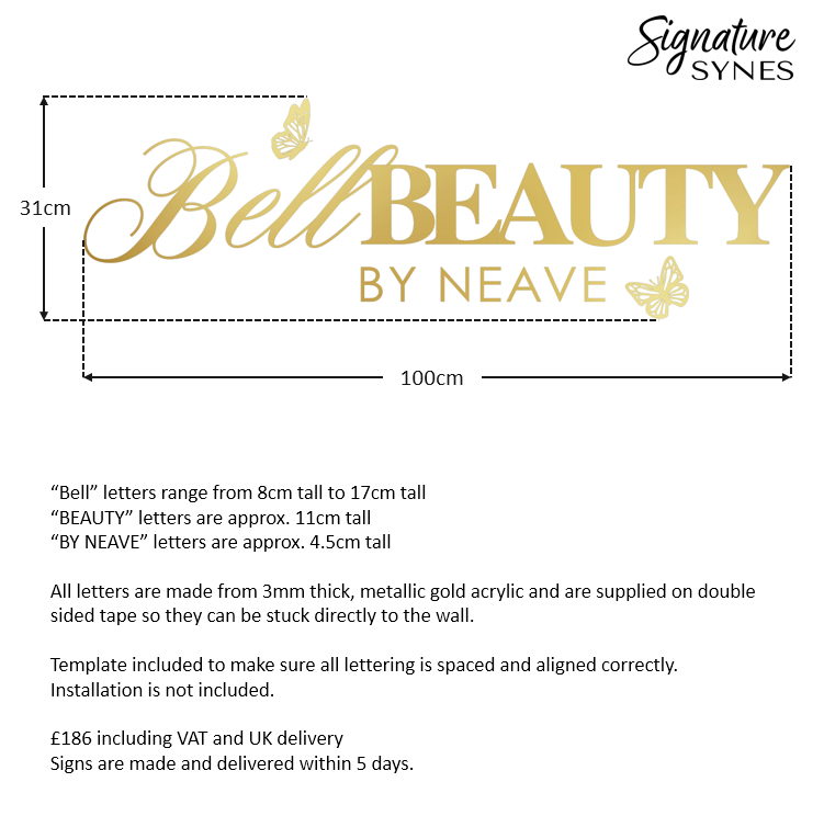 Custom Order - Bell BEAUTY BY NEAVE - "metallic gold" - 100cm wide - Double Sided Tape