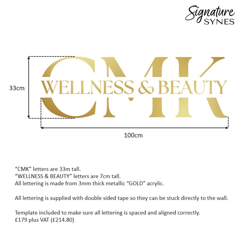 Custom Order - CMK WELLNESS & BEAUTY - metallic "GOLD" - 100cm wide - Double Sided Tape