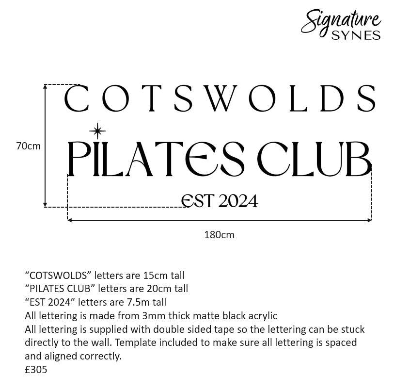 Custom Order - COTSWOLDS PILATES CLUB - Matte black - 180cm wide - Double Sided Tape
