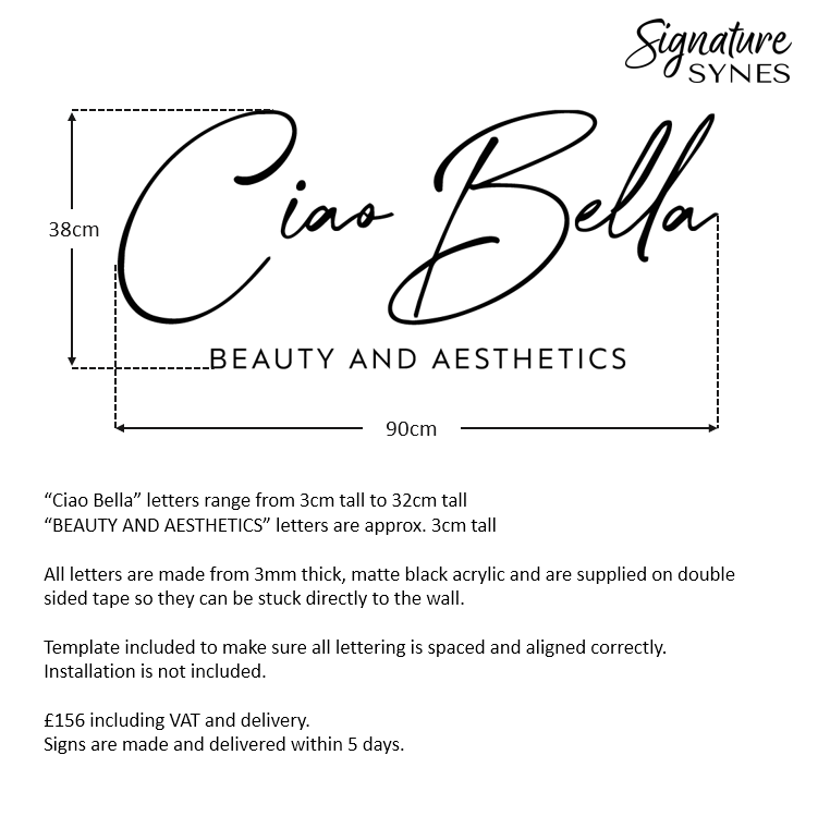 Custom Order - Ciao Bella BEAUTY AND AESTHETICS - Matte black - 90cm wide - Double Sided Tape