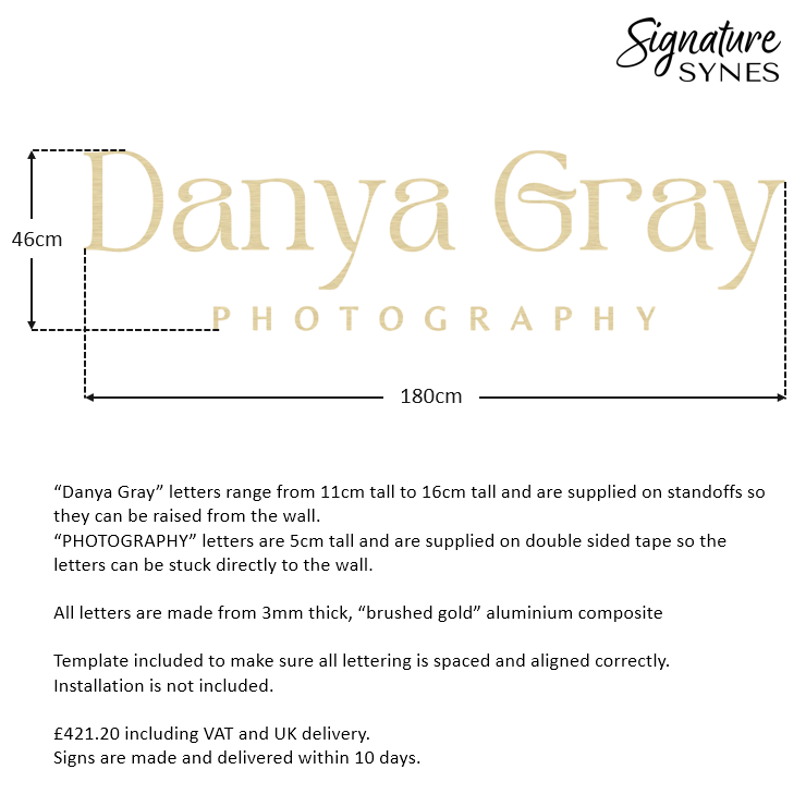 Custom Order - Danya Gray PHOTOGRAPHY - 180cm wide - brushed gold - raised lettering + self adhesive lettering