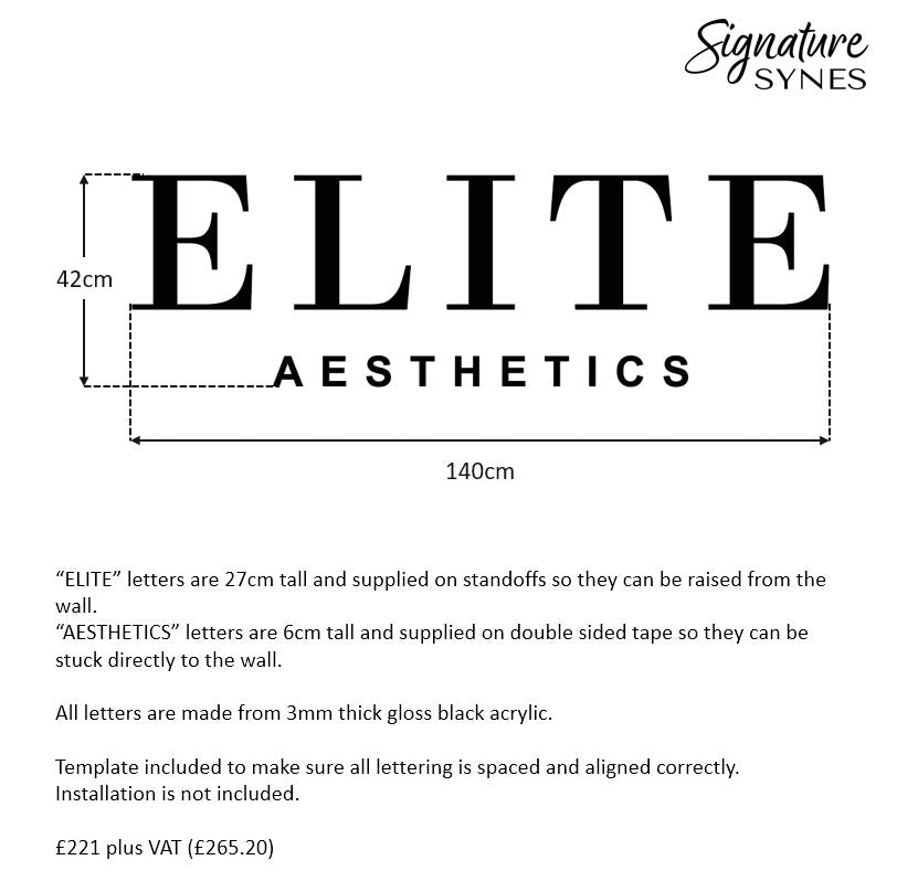 Custom Order - ELITE AESTHETICS - gloss black - 140cm wide - Raised letters + Double Sided Tape