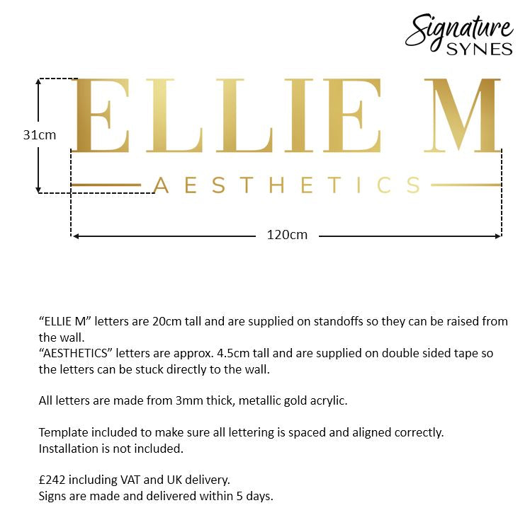Custom Order - ELLIE M AESTHETICS - "metallic gold" acrylic - 120cm wide - Raised Letters + Double Sided Tape