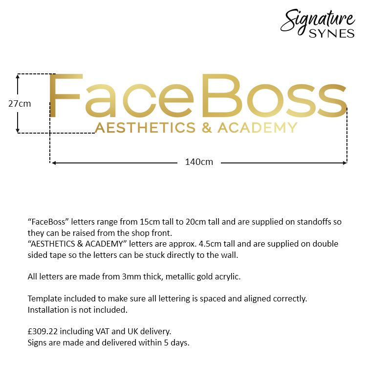 Custom Order - FaceBoss - "metallic gold" - 140cm wide - Standoffs + Double Sided Tape