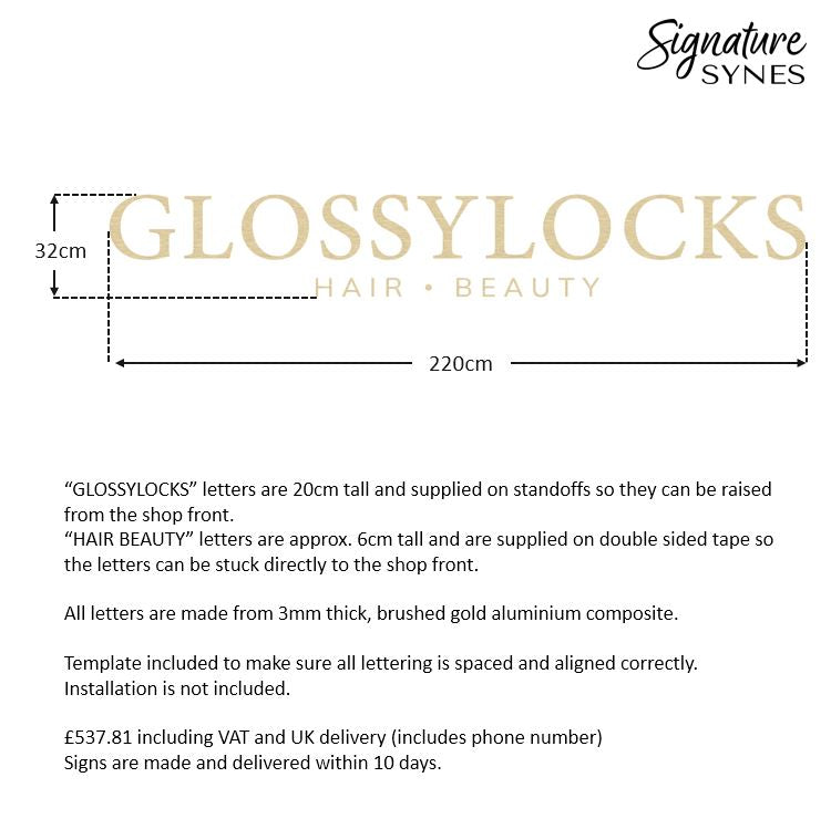 Custom Order - GLOSSYLOCKS - 160cm wide - brushed gold - raised lettering + self adhesive lettering