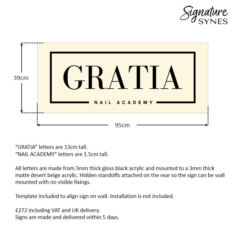 Custom Order - GRATIA - 95cm wide x 39cm tall - desert beige base + gloss black lettering - double sided tape