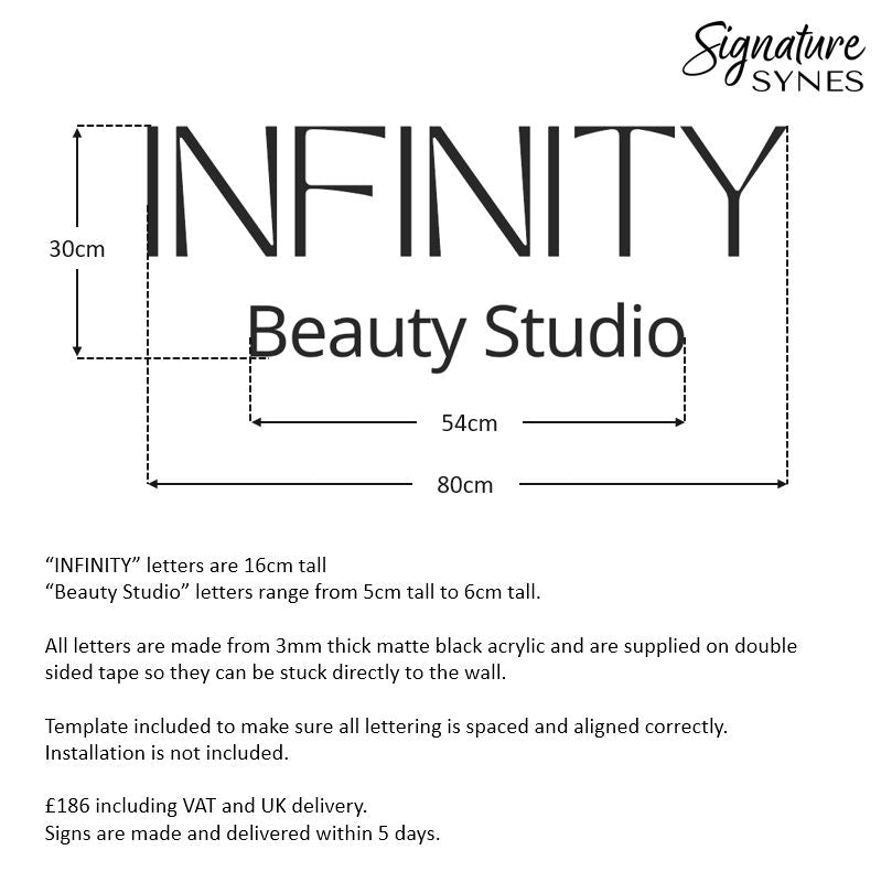 Custom Order - INFINITY Beauty Studio - matte black - 80cm wide - Double Sided Tape