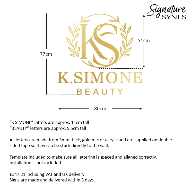 Custom Order - K.SIMONE BEAUTY - GOLD MIRROR acrylic - 80cm wide - Double Sided Tape