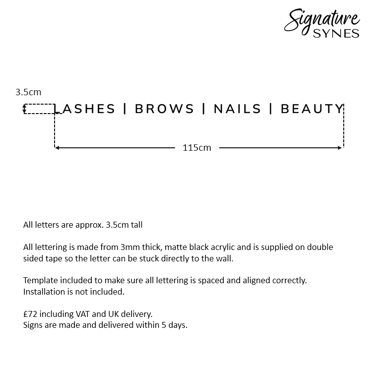 Custom Order - LASHES BROWS NAILS BEAUTY - Matte black - 115cm wide - Double Sided Tape