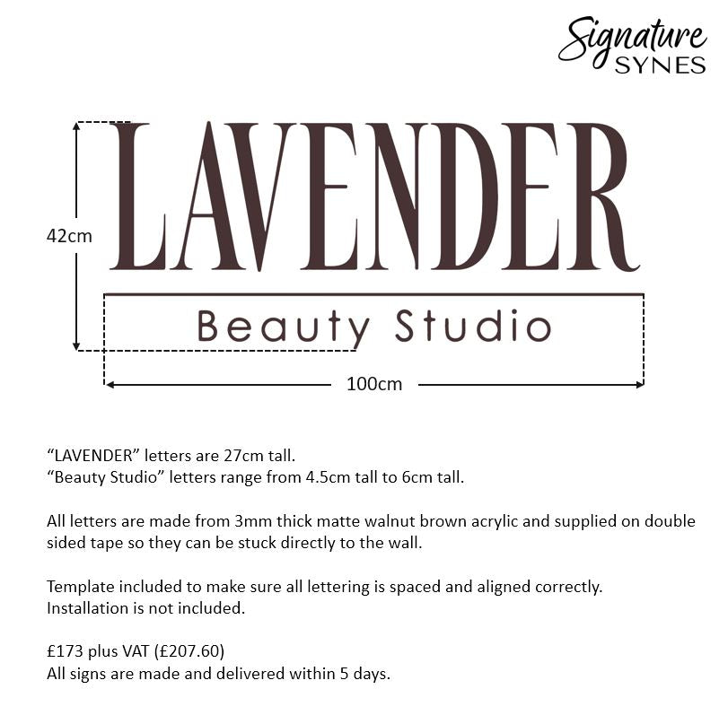 Custom Order - LAVENDER Beauty Studio - Matte walnut brown - 100cm wide - Double Sided Tape