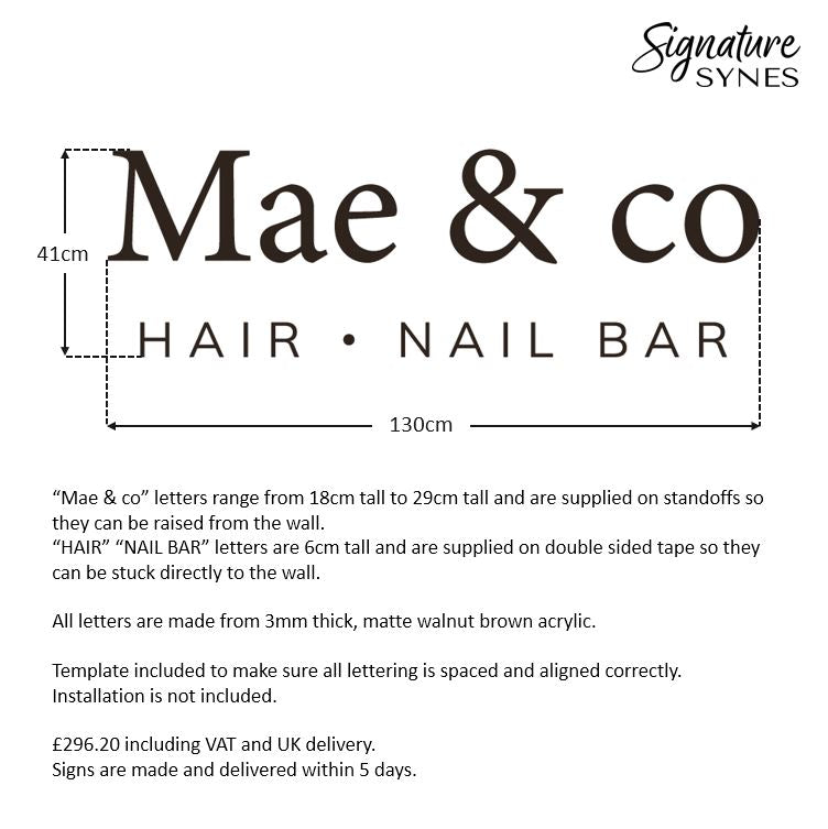 Custom Order - Mae & co - matte walnut brown - 130cm wide - Raised Letters + Double Sided Tape