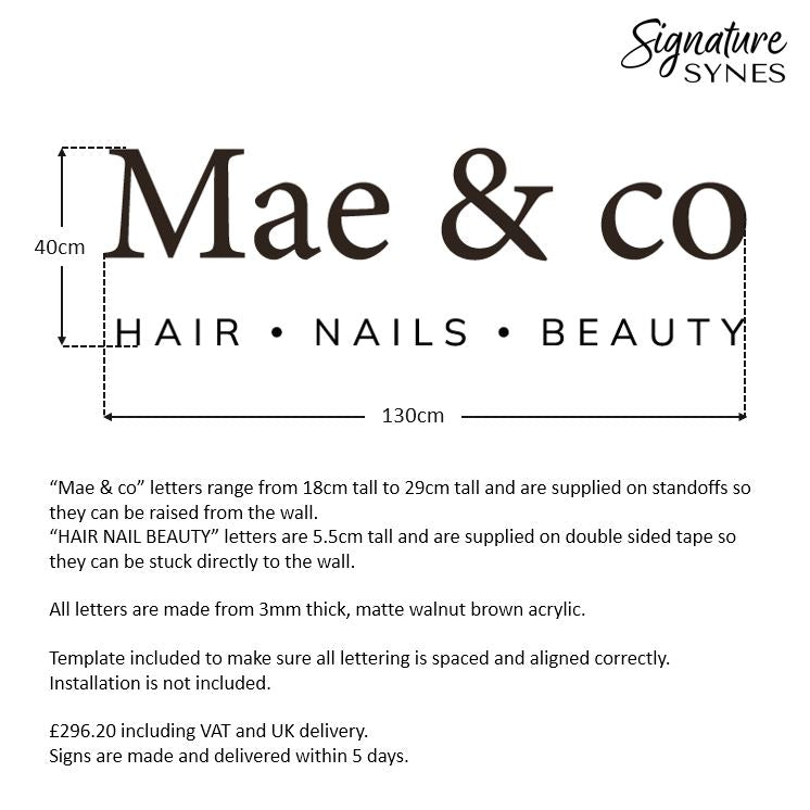 Custom Order - Mae & co - matte walnut brown - 130cm wide - Raised Letters + Double Sided Tape