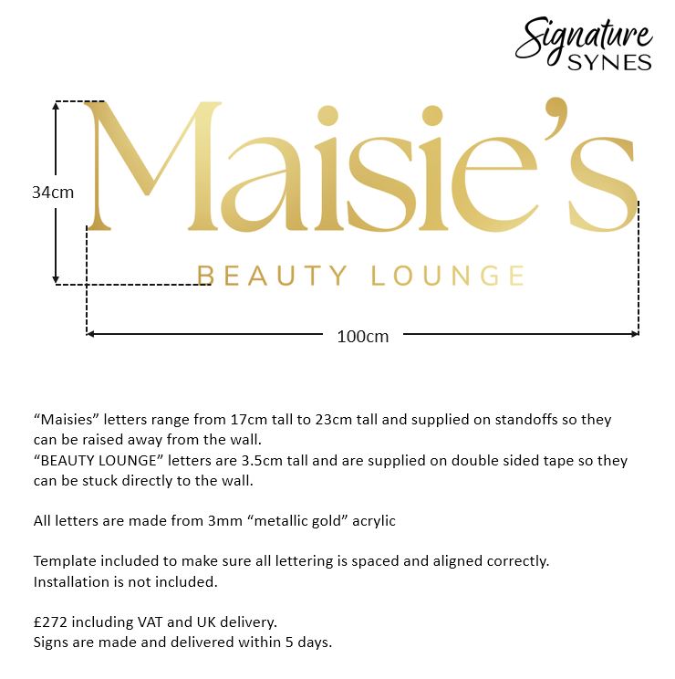 Custom Order - Maisie's BEAUTY LOUNGE - "metallic gold" acrylic - 100cm wide - Raised Letters + Double Sided Tape