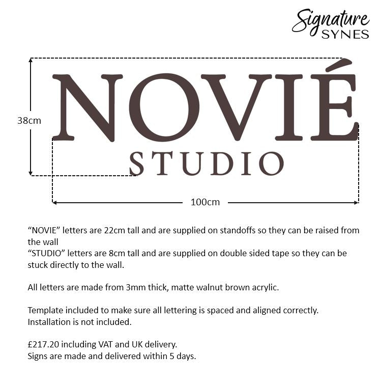 Custom Order - NOVIE STUDIO - matte walnut brown - 100cm wide - Raised Letters + Double Sided Tape