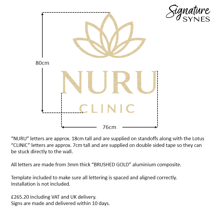 Custom Order - NURU CLINIC - "BRUSHED GOLD" - 76cm wide - raised letters + double sided tape