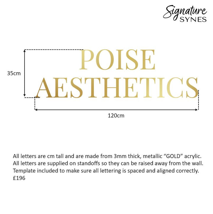 Custom Order - POISE AESTHETICS - metallic "GOLD" acrylic - 70cm and 120cm wide - standoffs and double sided tape