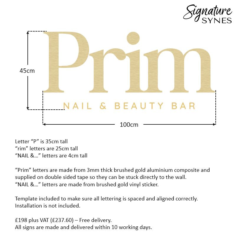 Custom Order - Prim - 100cm wide - brushed gold self adhesive lettering + brushed gold vinyl