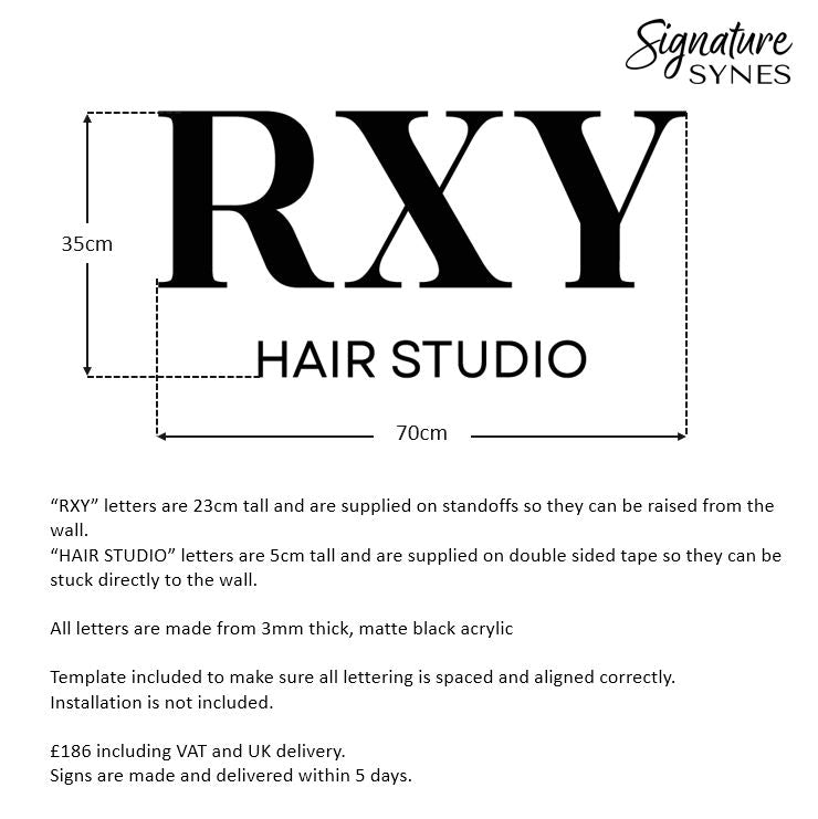 Custom Order - RXY HAIR STUDIO - matte black - 70cm wide - Raised letters + Double Sided Tape