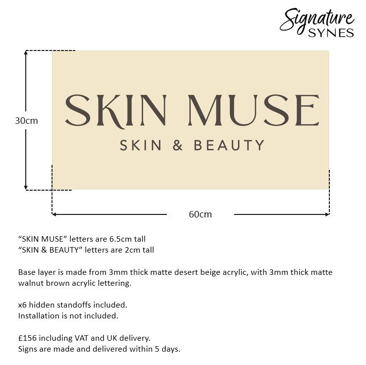 Custom Order - SKIN MUSE - 60cm x 30cm - matte desert beige base + matte walnut brown lettering - hidden standoffs