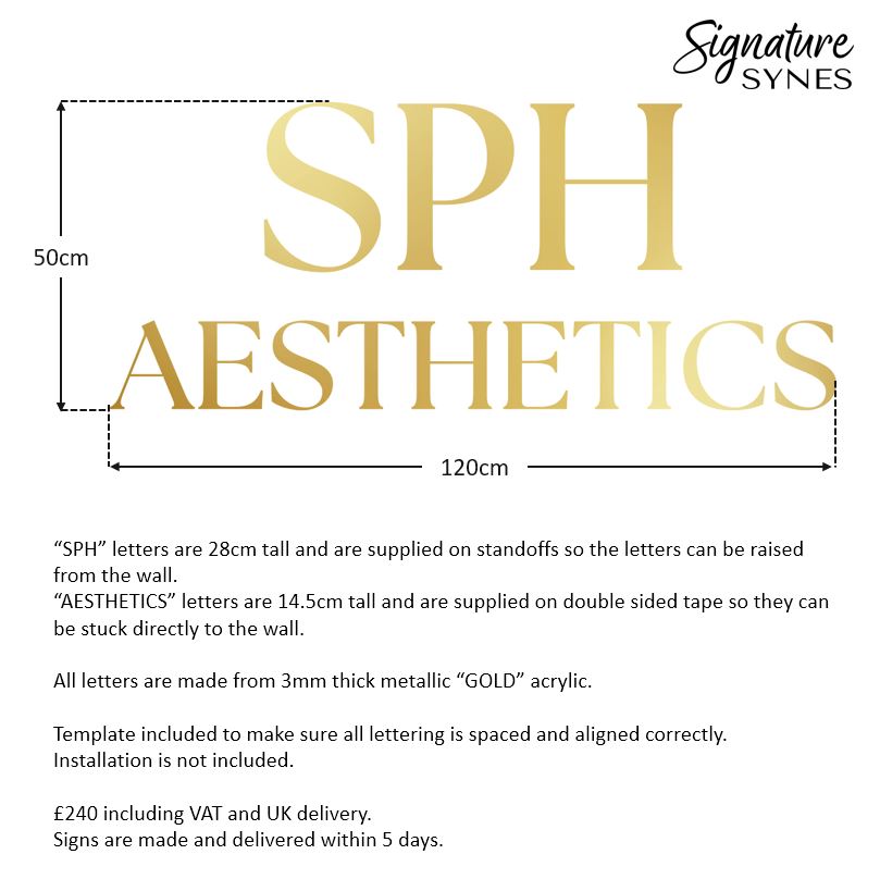 Custom Order - SPH AESTHETICS - metallic "GOLD" acrylic - 120cm wide - Raised Letters + Double Sided Tape