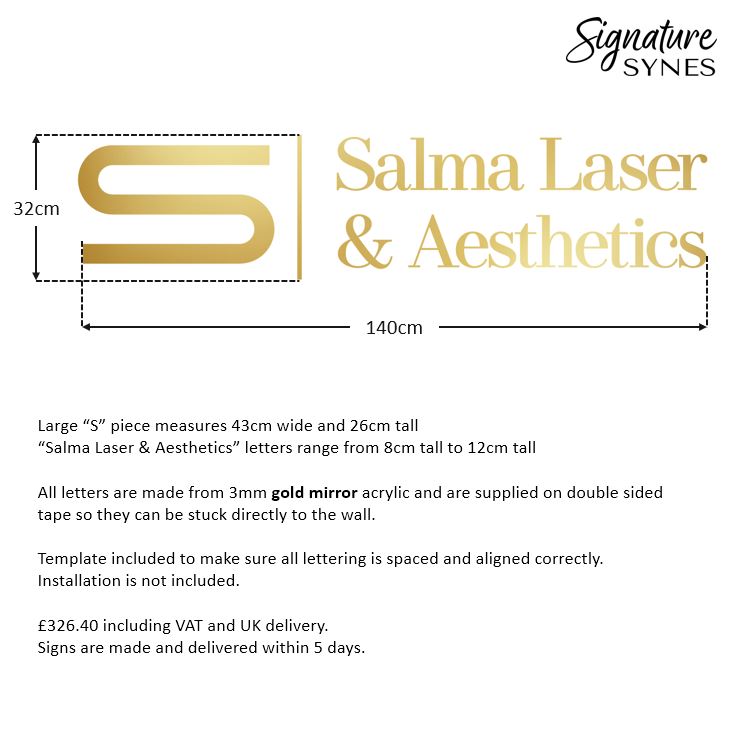 Custom Order - SALMA LASER & AESTHETICS - "GOLD MIRROR" acrylic - 140cm wide - Double Sided Tape