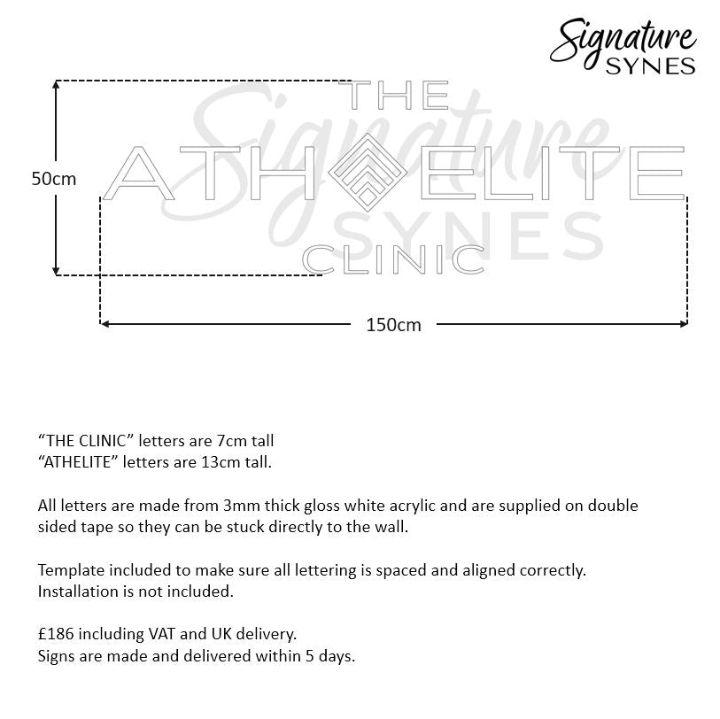 Custom Order - THE ATHELITE CLINIC - gloss white - 150cm wide - Double Sided Tape