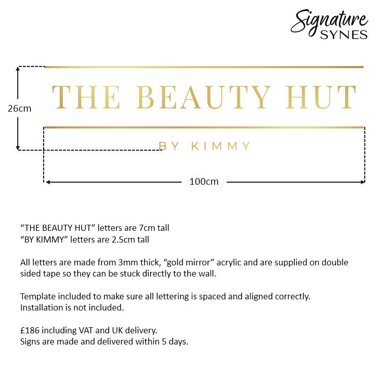 Custom Order - THE BEAUTY HUT - "GOLD MIRROR" acrylic - 100cm wide - Double Sided Tape