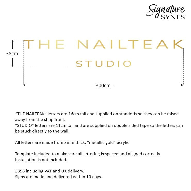 INTL Custom Order - THE NAILTEAK STUDIO - "metallic gold" acrylic - 300cm wide - Raised Letters + Double Sided Tape