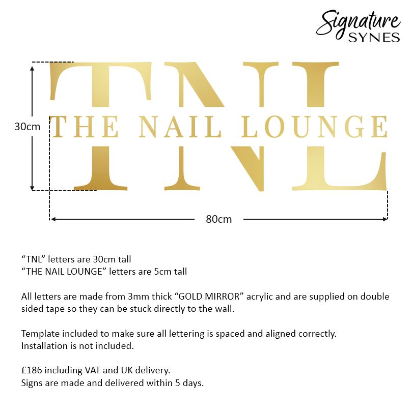 Custom Order - THE NAIL LOUNGE - GOLD MIRROR acrylic - 80cm wide - Double Sided Tape