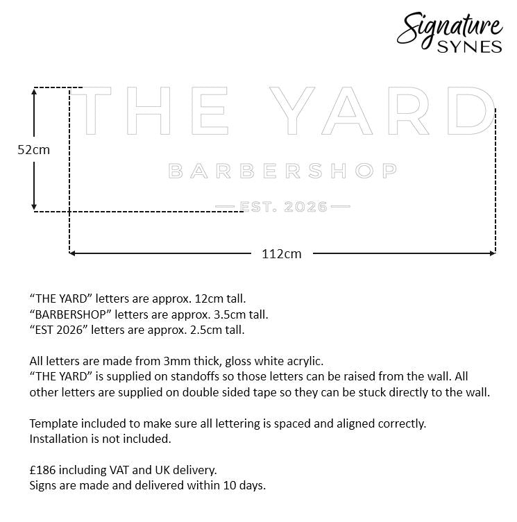 Custom Order - THE YARD - gloss white - 112cm wide - Standoffs + Double Sided Tape