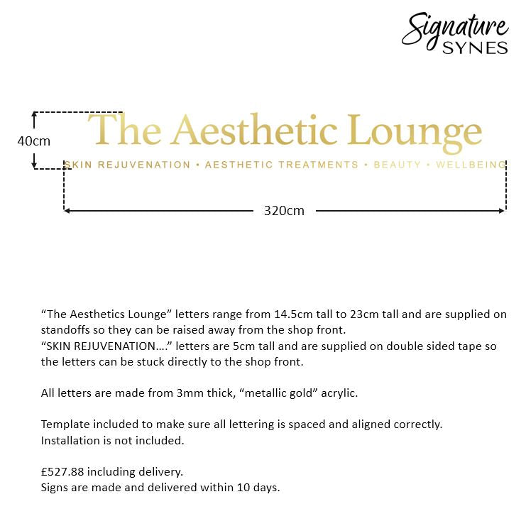 INTL Custom Order - The Aesthetic Lounge - "metallic gold" acrylic - 320cm wide - Raised Letters + Double Sided Tape