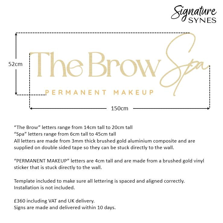 Custom Order - The Brow Spa - 150cm wide - brushed gold self adhesive lettering + brushed gold vinyl