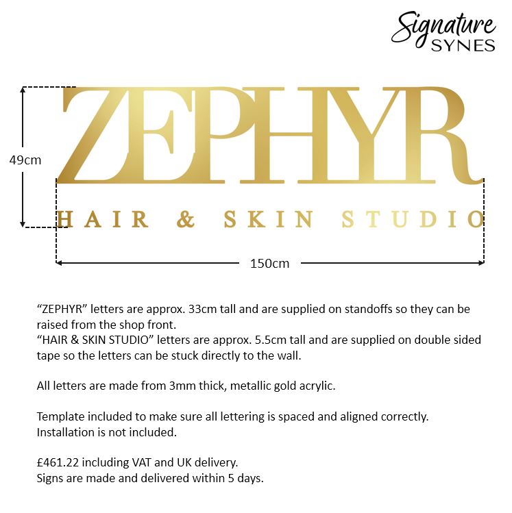 Custom Order - ZEPHYR - "metallic gold" acrylic - 150cm wide - Raised Letters + Double Sided Tape