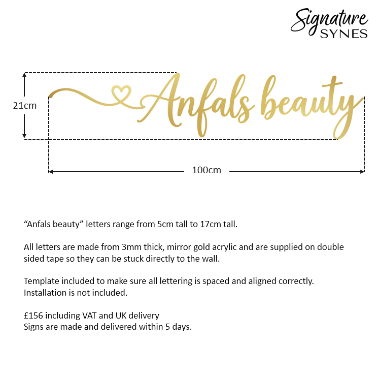 Custom Order - Anfals beauty - "GOLD MIRROR" acrylic - 100cm wide - Double Sided Tape