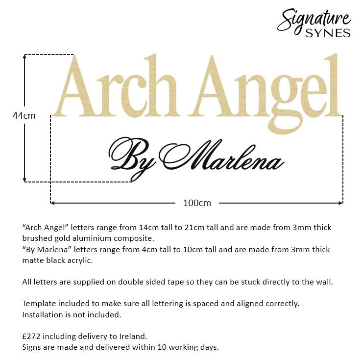 Custom Order INTL - Arch Angel - "BRUSHED GOLD" and matte black - 100cm wide - raised letters and double sided tape