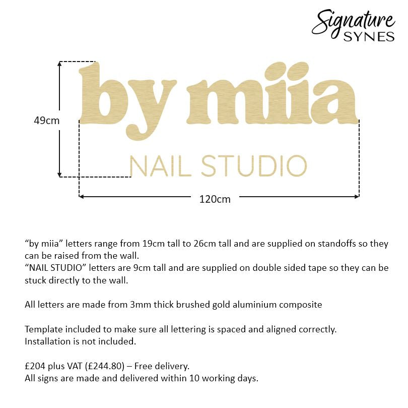 Custom Order - by miia NAIL STUDIO - 120cm wide - brushed gold - raised lettering + self adhesive lettering