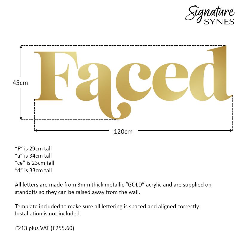 Custom Order - Faced - 120cm wide - metallic "GOLD" - Raised Letters