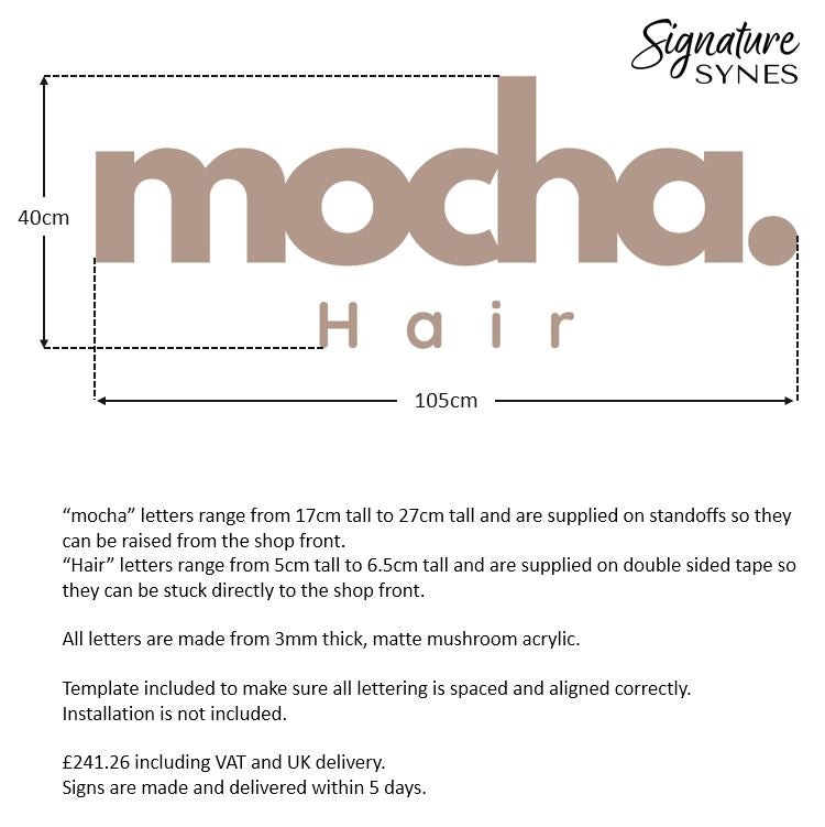 Custom Order - mocha Hair - Matte Mushroom - 105cm wide - Raised Letters & Double Sided Tape