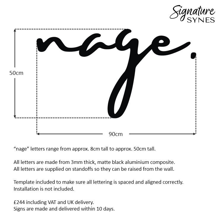 Custom Order - nage. - Matte black aluminium composite - 90cm wide - Raised Letters