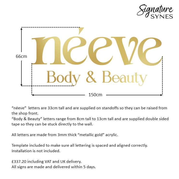 Custom Order - neeve - "metallic gold" acrylic - 150cm wide - Raised Letters + Double Sided Tape