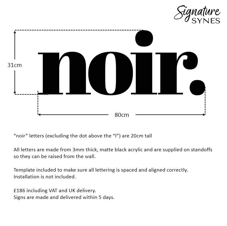 Custom Order - noir. - matte black - 80cm wide - Raised letters