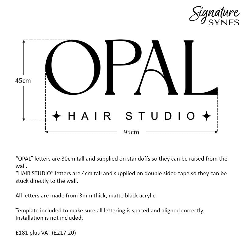 Custom Order - OPAL HAIR STUDIO - Matte black - 95cm wide - Raised Letters + Double Sided Tape