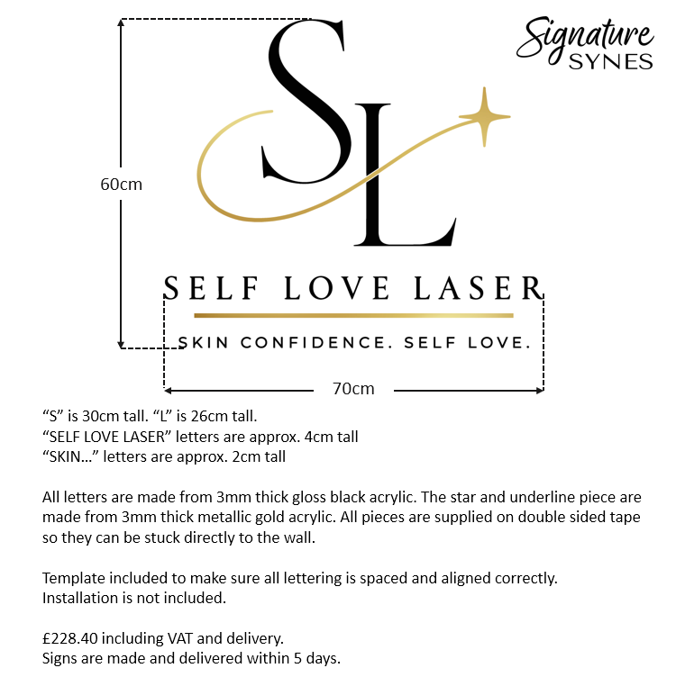 Custom Order - SELF LOVE LASER - gloss black and metallic gold - 70cm wide - Double Sided Tape