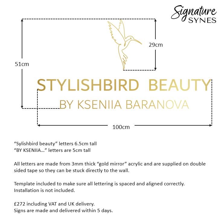 Custom Order - STYLISHBIRD BEAUTY - "GOLD MIRROR" acrylic - 100cm wide - Double Sided Tape